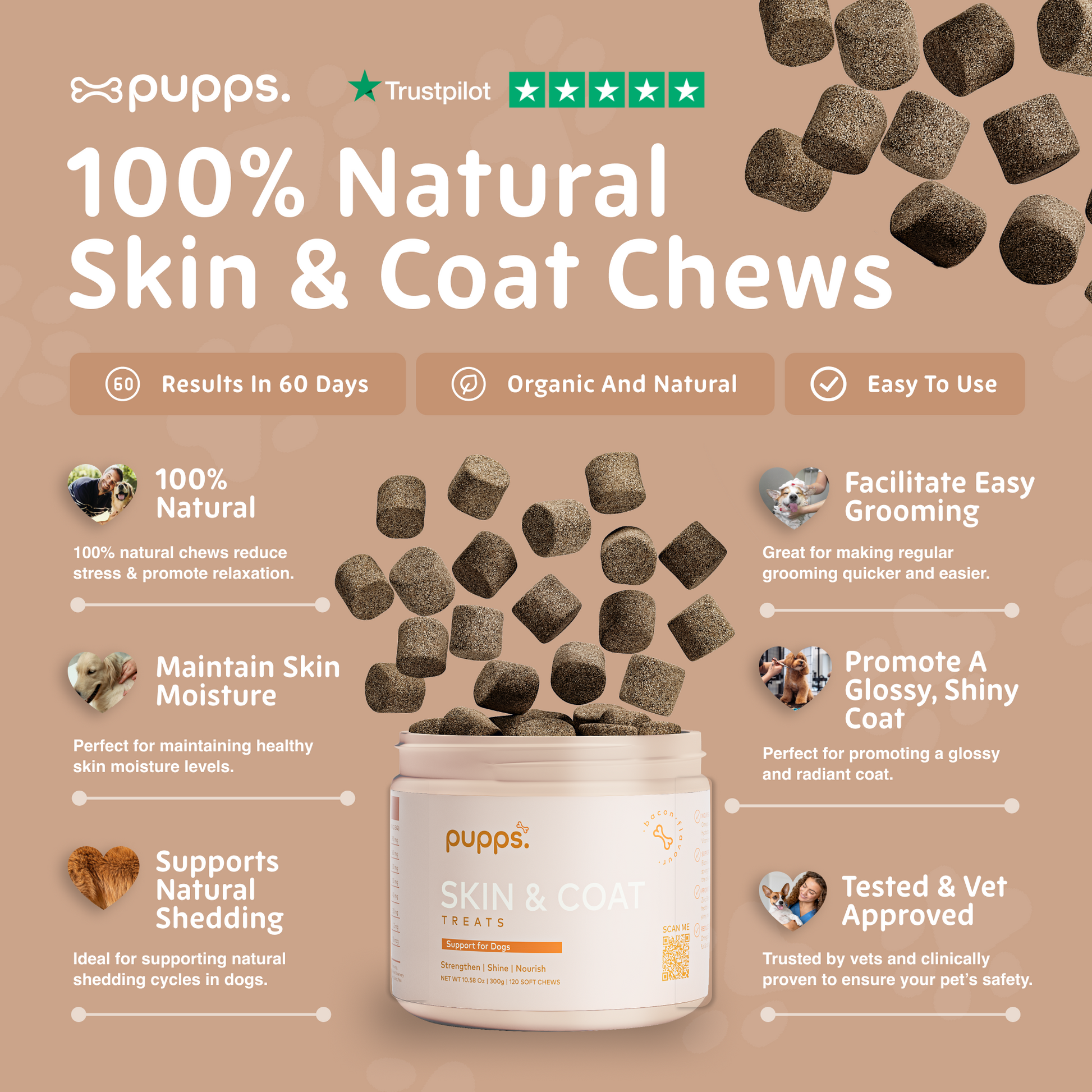 Dog skin and coat supplement chews with ingredients for skin hydration and coat condition