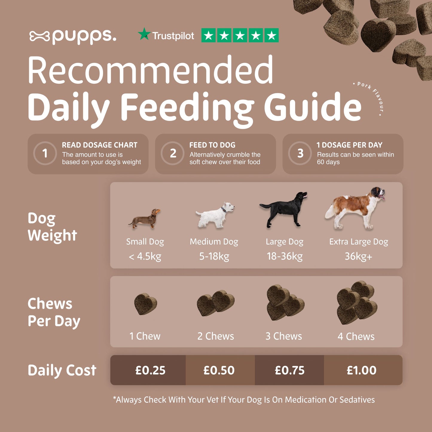 Daily feeding guide for probiotic supplement chews for dogs