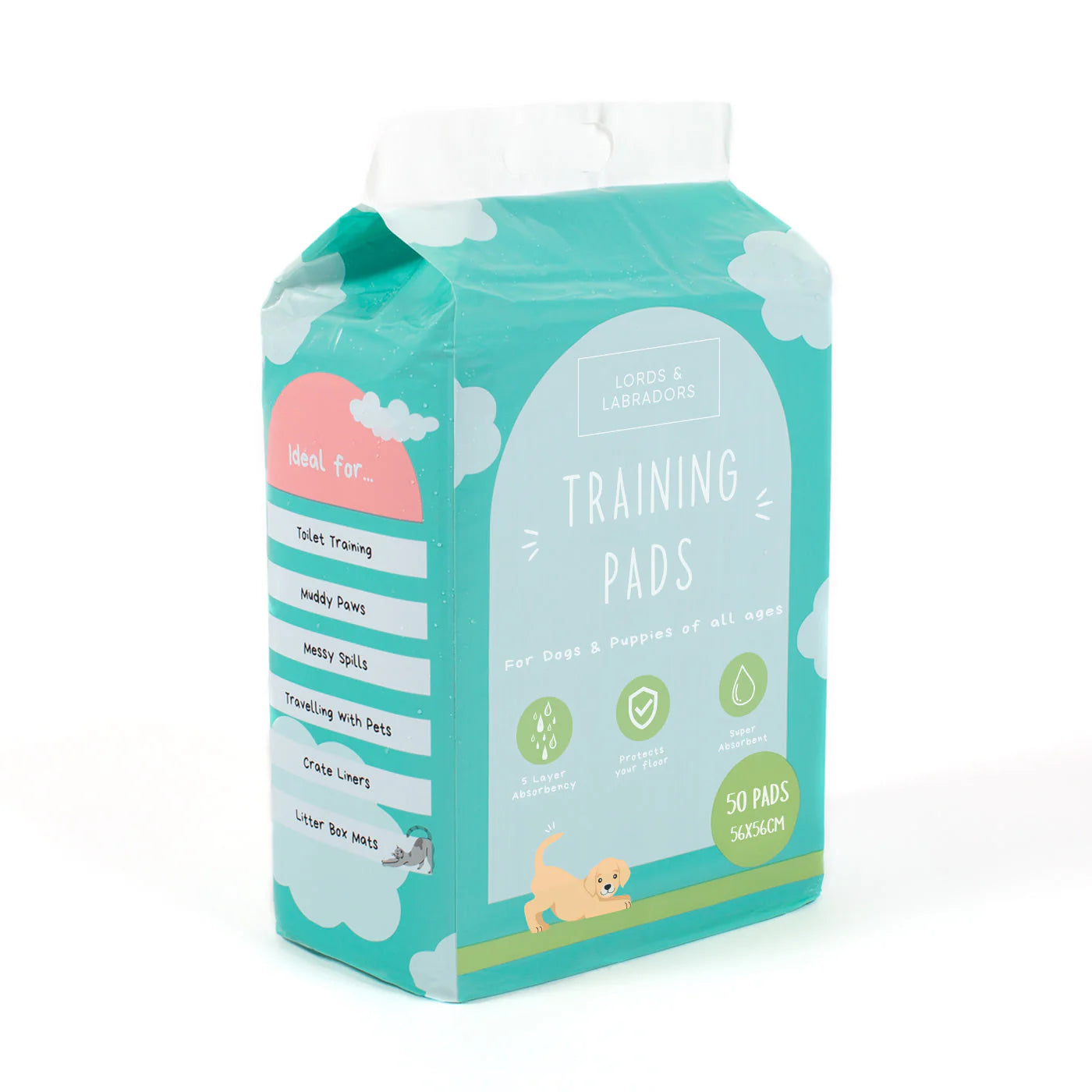 Puppy training pads showing absorbent design and packaging details
