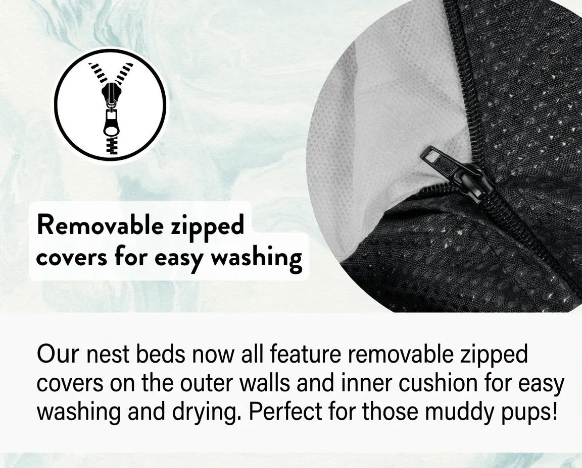 Removable zipped cover on the Chatsworth orthopaedic memory foam dog bed