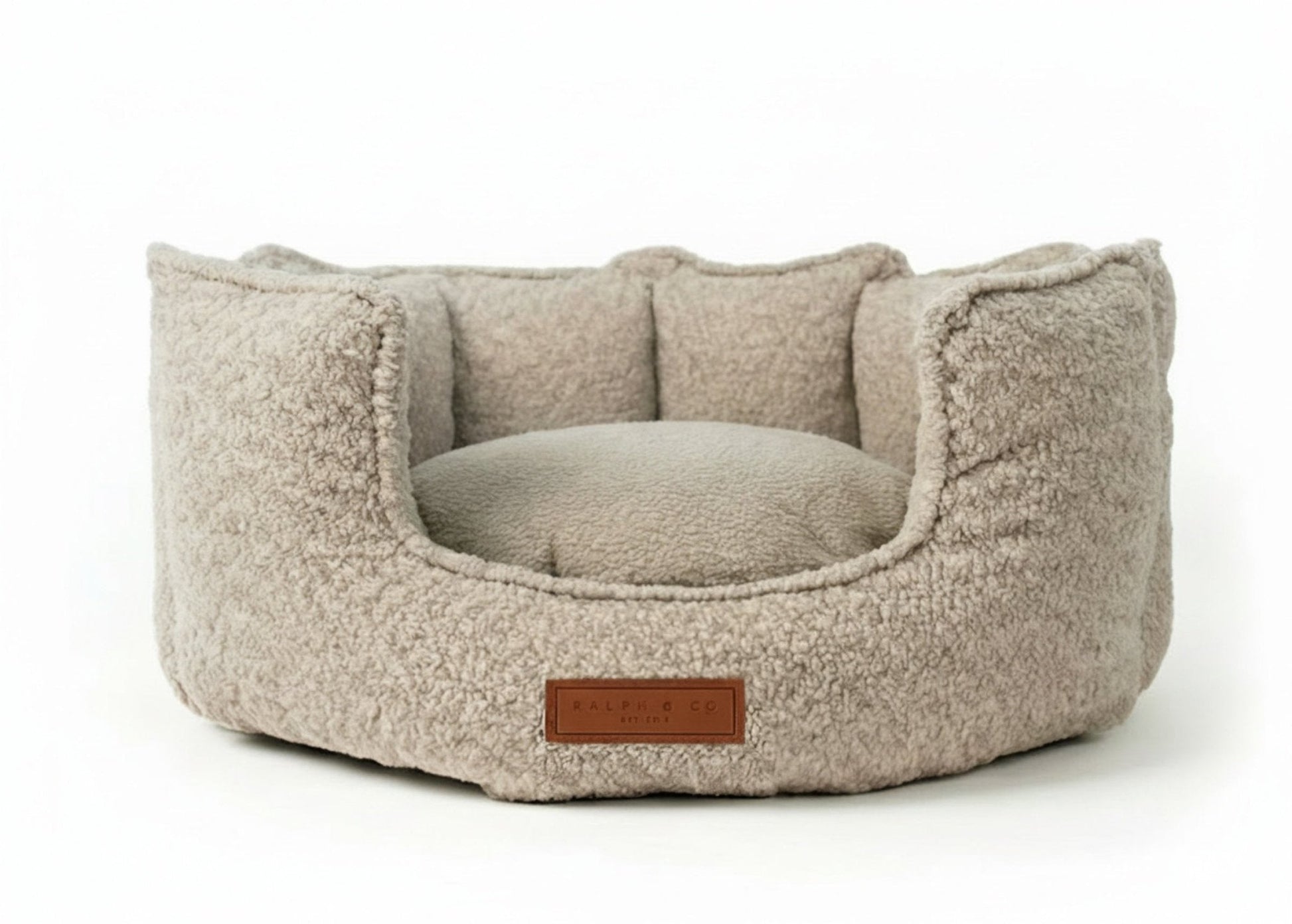 Ralph & Co Cotswold Luxury Bouclé Dog Bed with high walls and a removable memory foam cushion