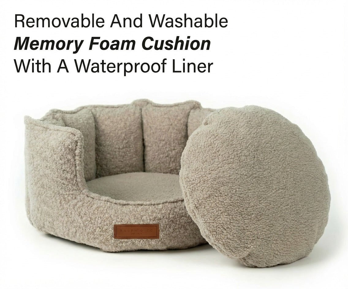 Ralph & Co Cotswold Luxury Bouclé Dog Bed with a removable memory foam cushion and waterproof liner