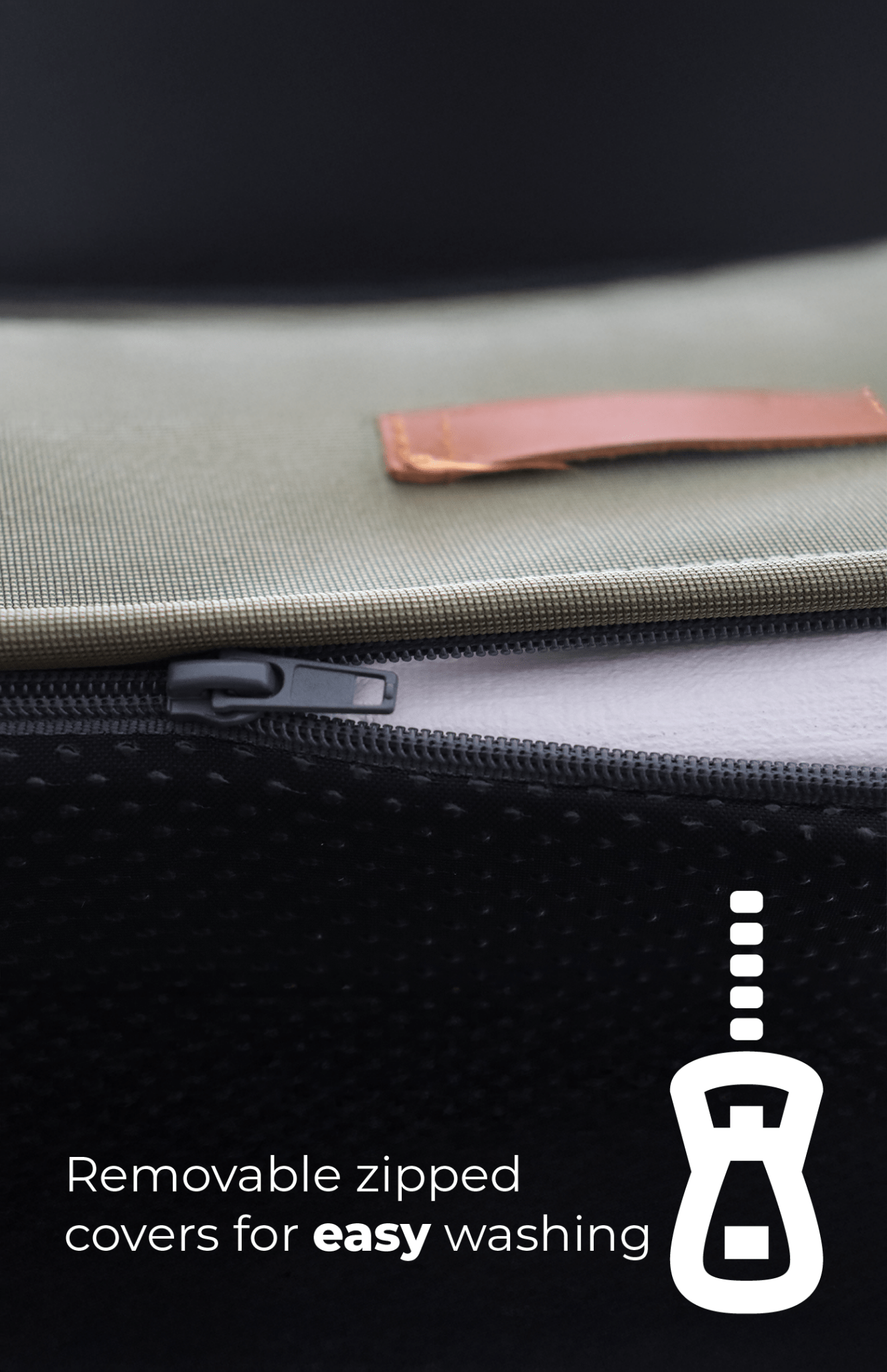 Removable zipped covers showing the inner cushion for easy cleaning.