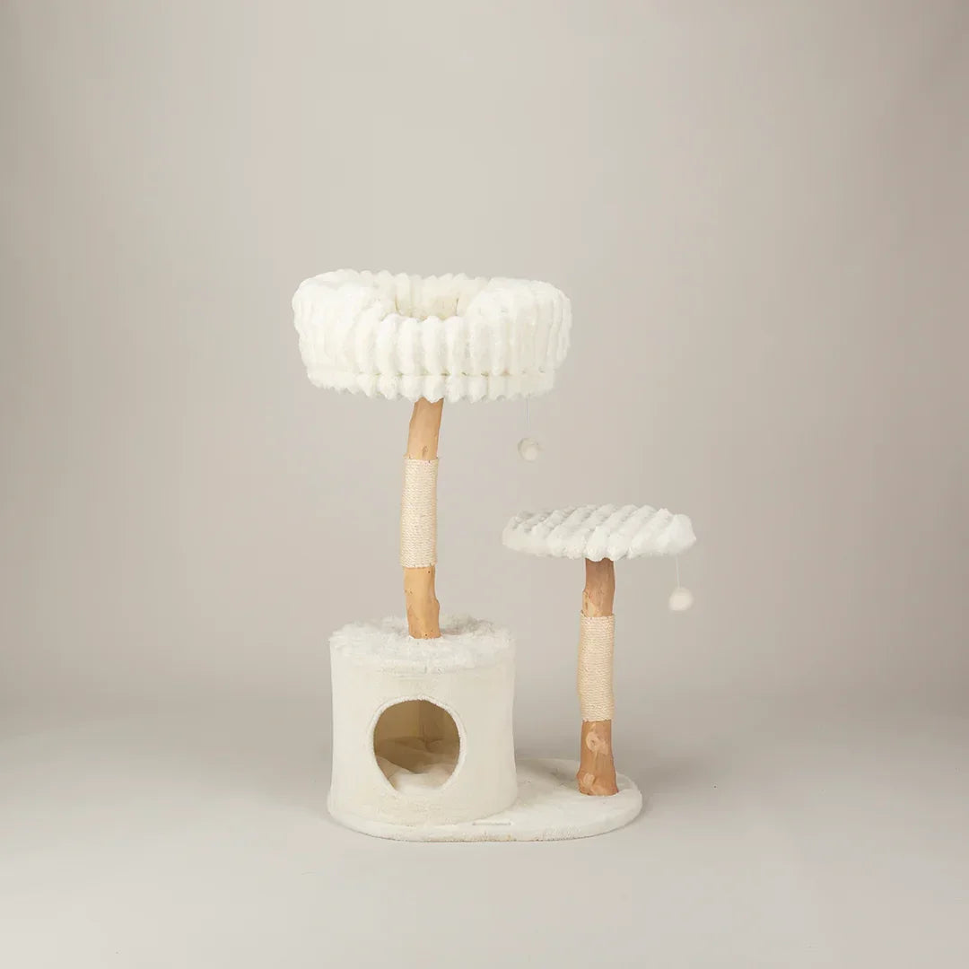 Scruffs Alpine Colorado cream cat tree showing raised bed, mid perch, and enclosed cave