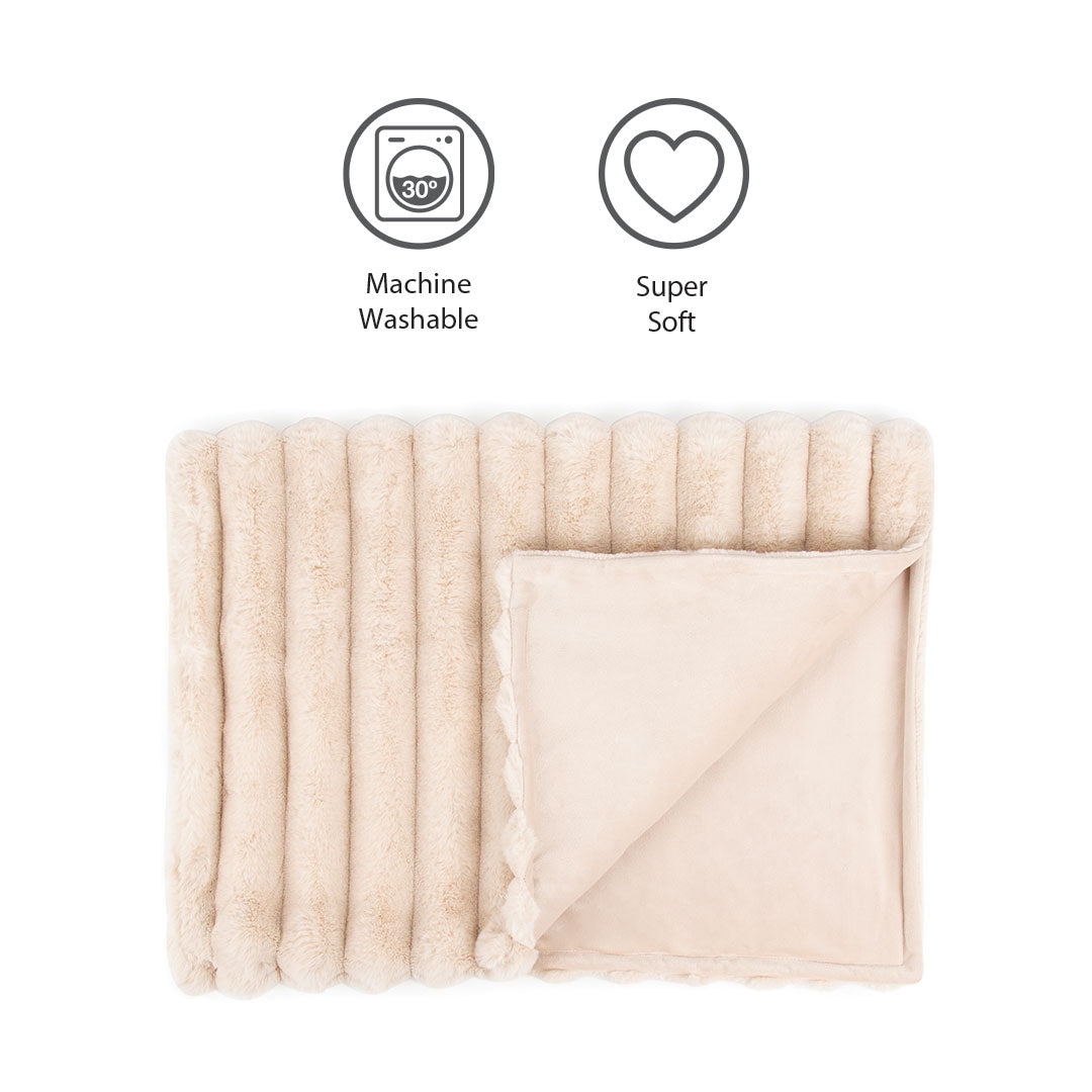 Product information card for a faux fur pet blanket.
