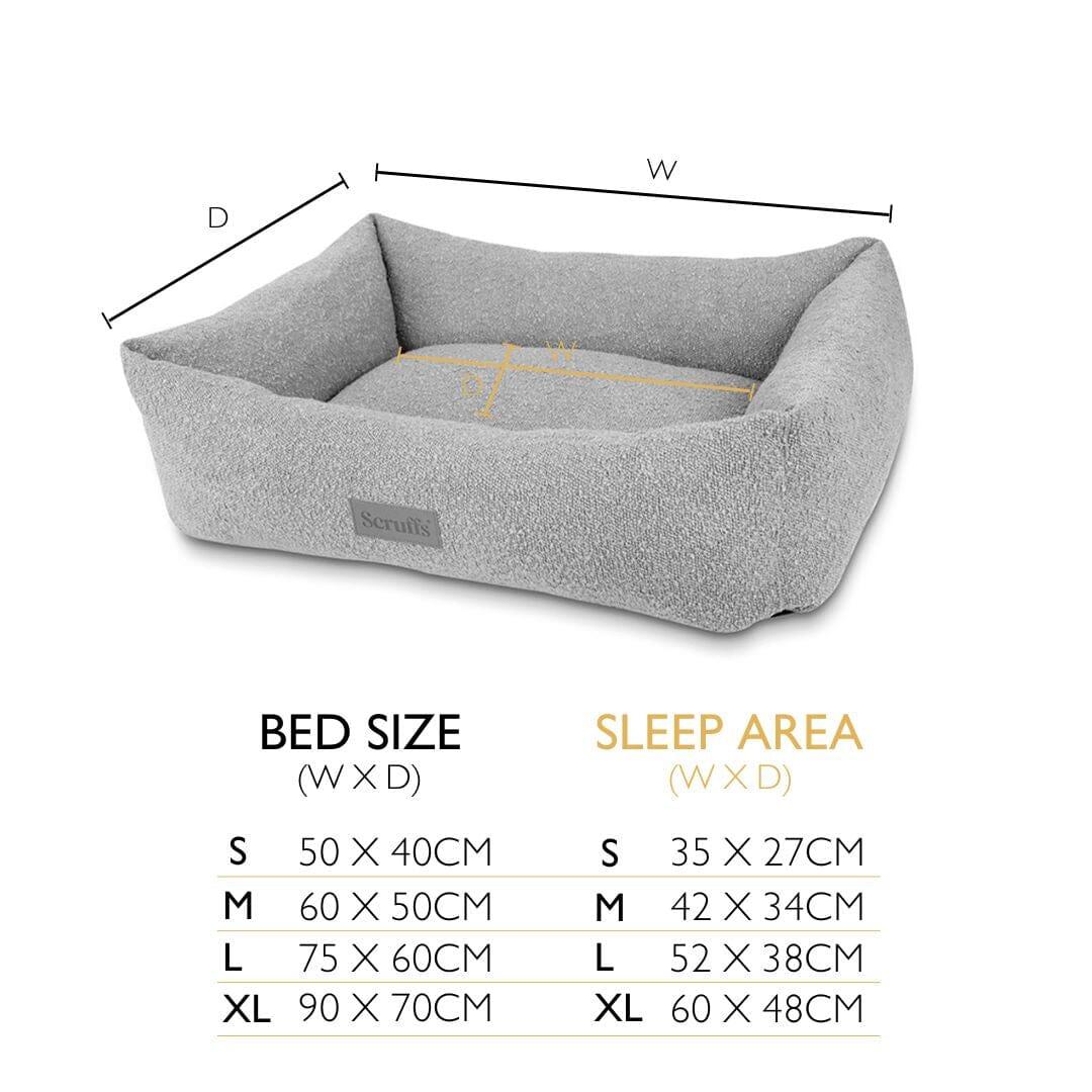 Boucle box dog bed size guide showing bed dimensions and sleep area measurements