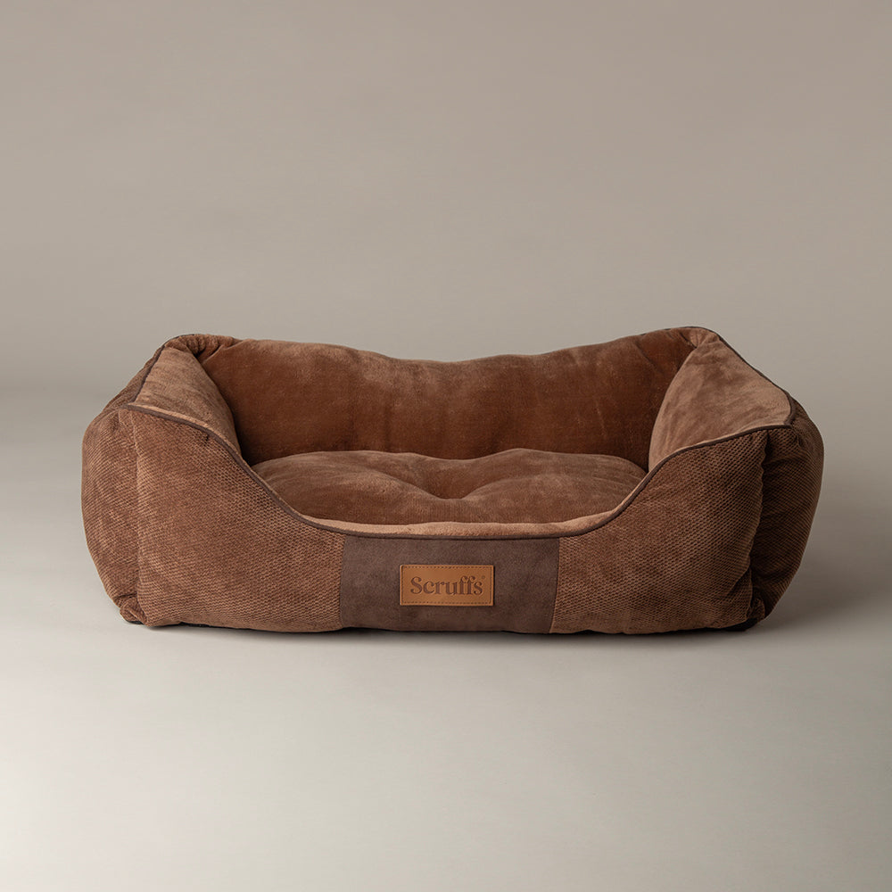 Brown Scruffs Chester box dog bed on neutral background