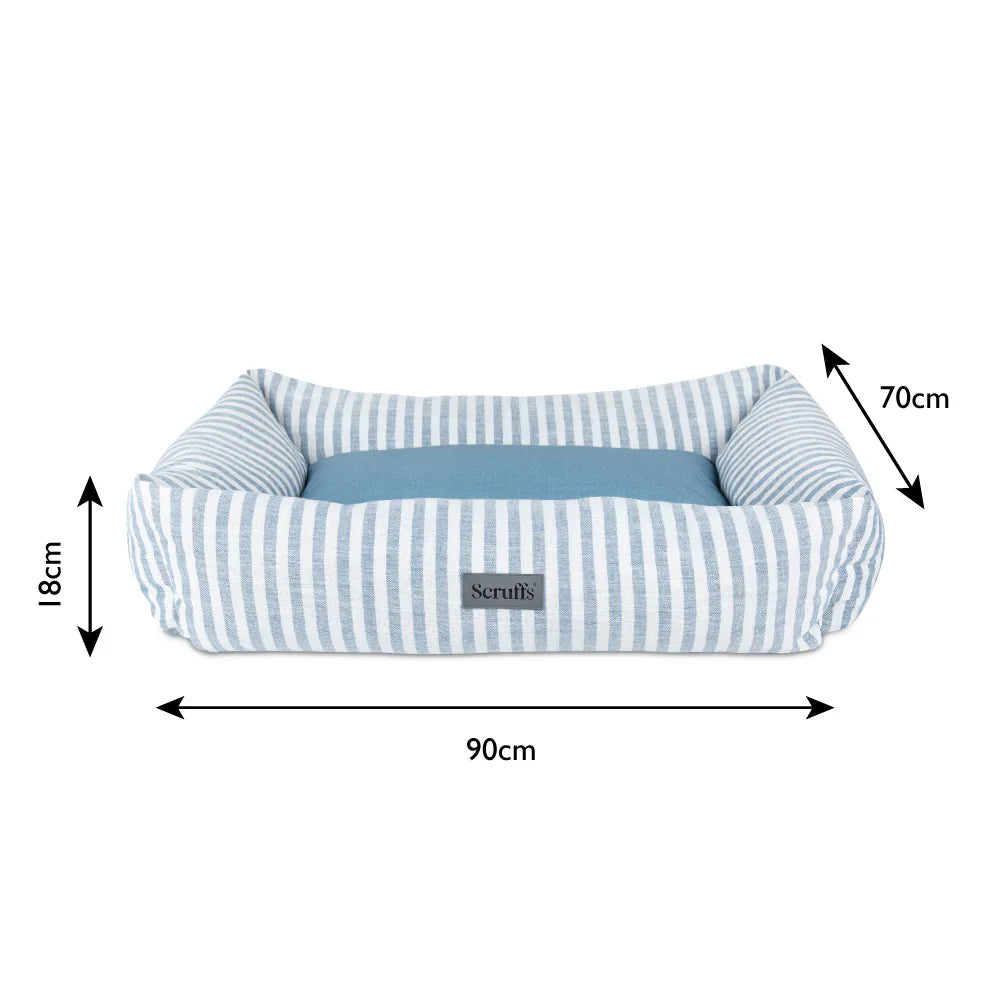 Scruffs coastal box dog bed extra large with blue and white stripes and dimensions shown