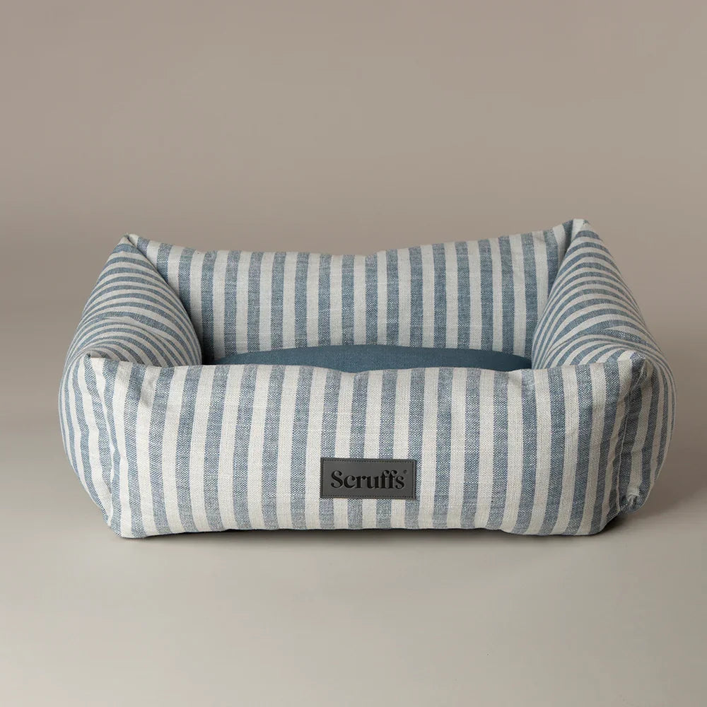 Scruffs Coastal green striped box dog bed on neutral background