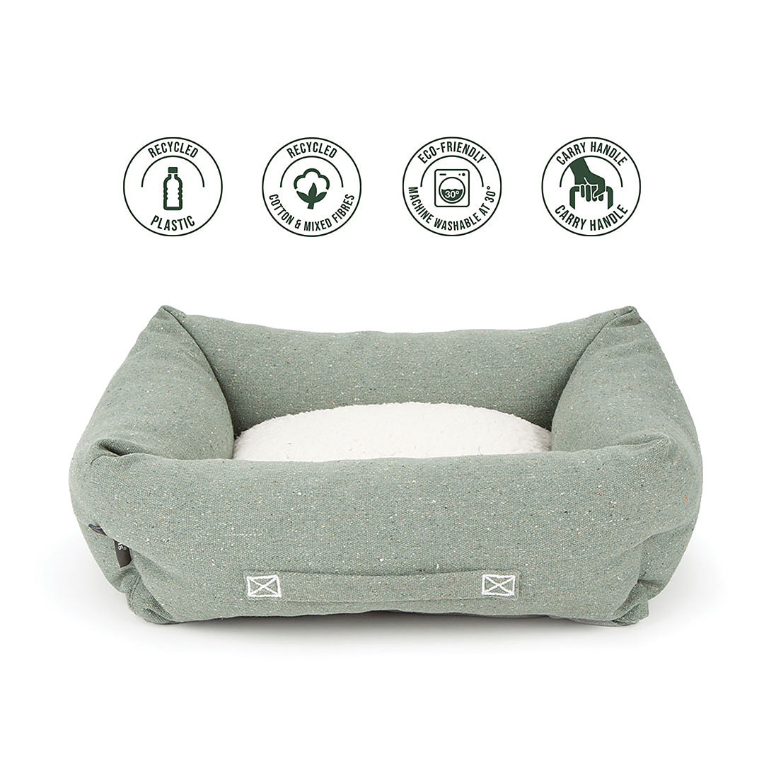 Scruffs Eden box dog bed sage green with recycled materials and machine washable design icons