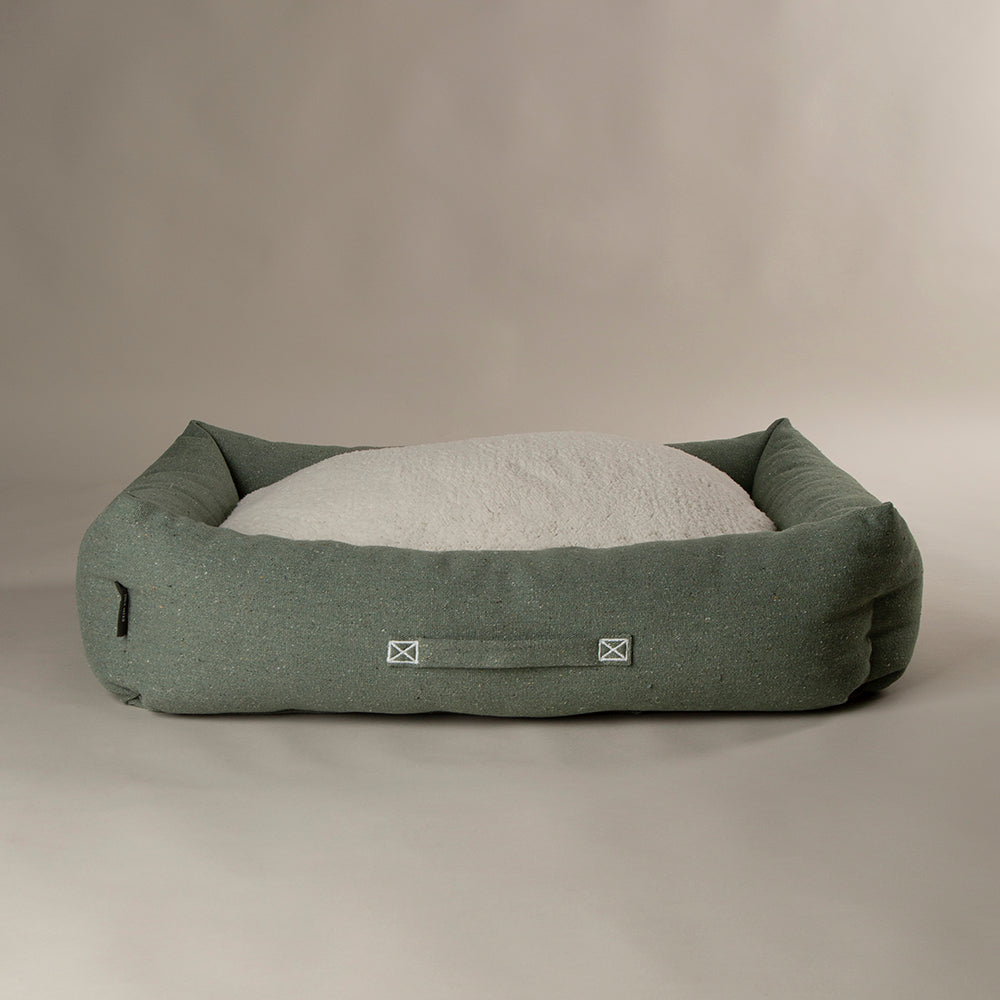 Scruffs Eden box dog bed in sage green with recycled cotton outer and sherpa sleep area