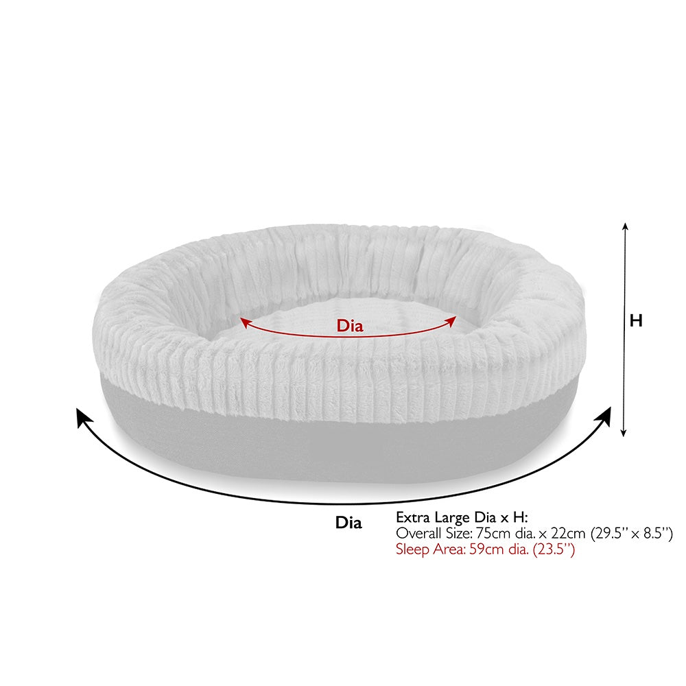 Scruffs Ellen donut dog bed extra large size dimensions diagram showing diameter and height measurements on a white background.