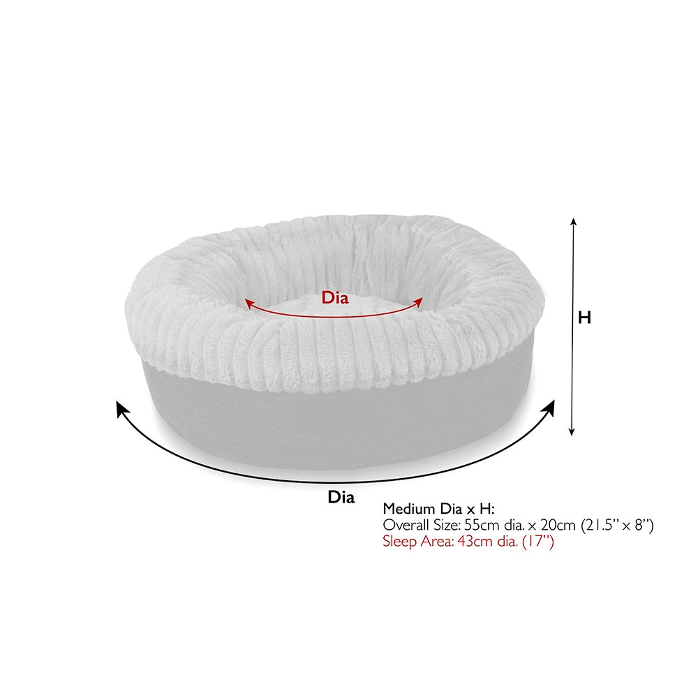 Scruffs Ellen donut dog bed medium size dimensions diagram showing diameter and height measurements on a white background.
