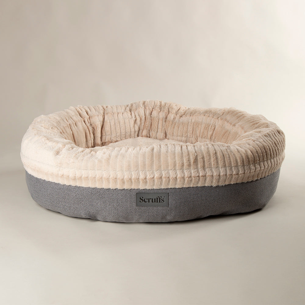 Scruffs Ellen donut dog bed in light grey shown without a dog.