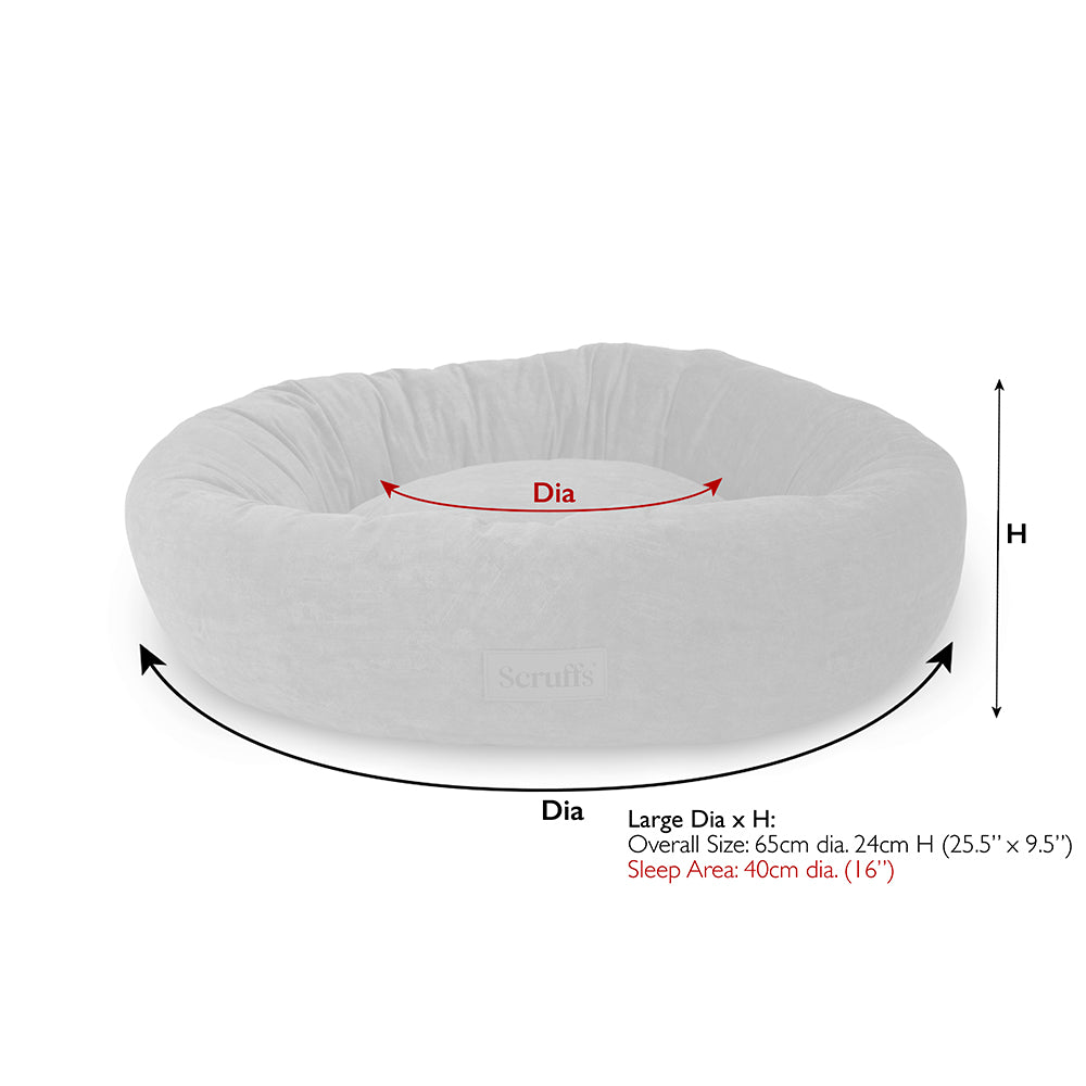 Scruffs Oslo donut dog bed large size guide showing diameter and height measurements