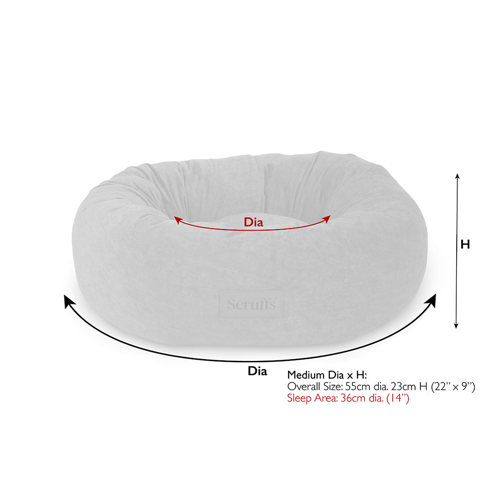 Scruffs Oslo donut dog bed medium size guide showing diameter and height measurements