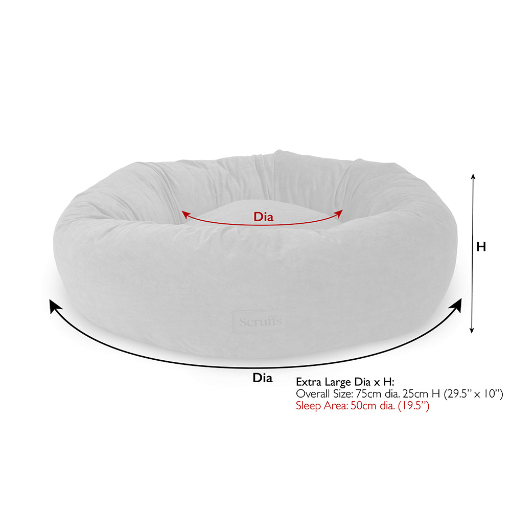 Scruffs Oslo donut dog bed XL size guide with overall and sleep area measurements