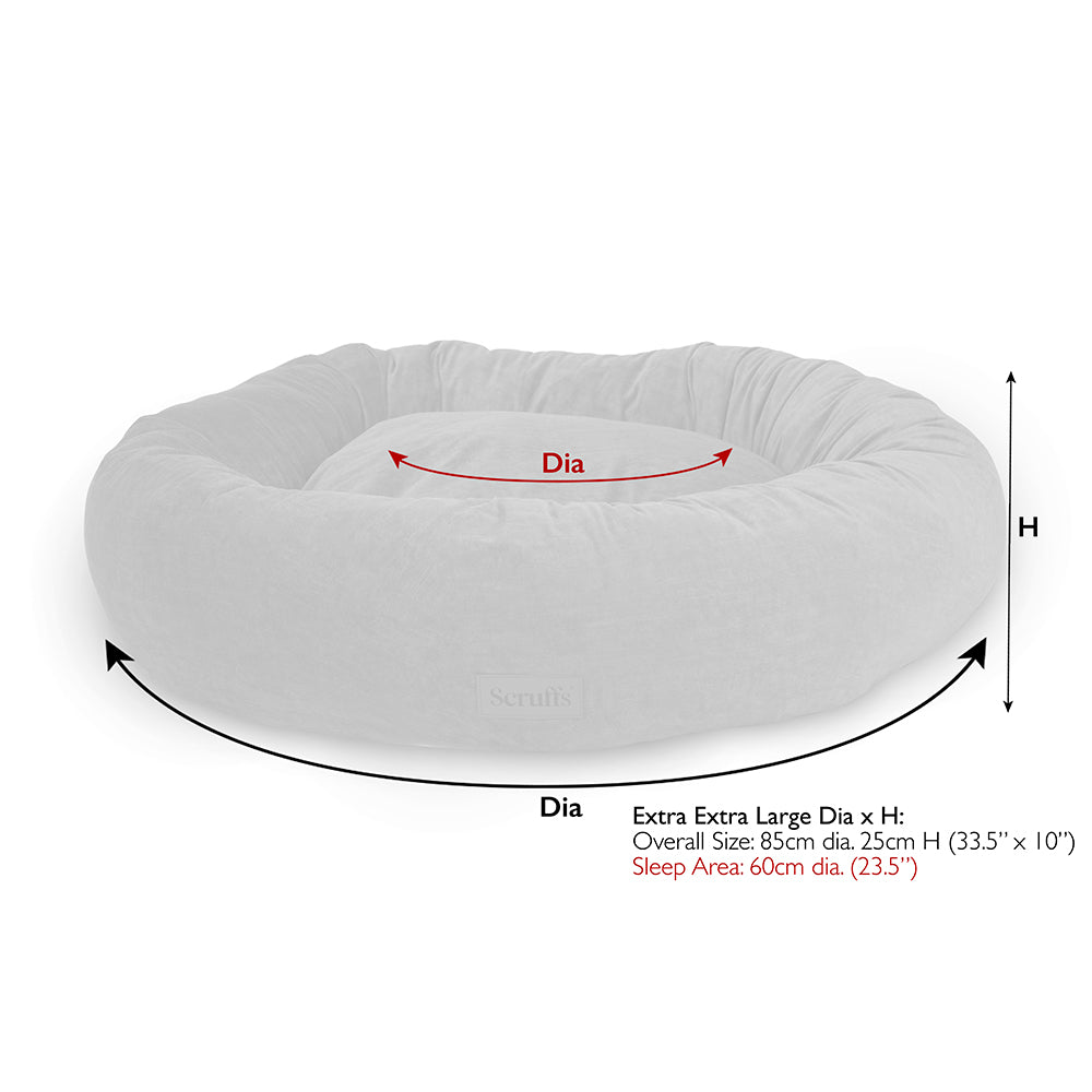 Scruffs Oslo donut dog bed XXL size guide with overall and sleep area measurements