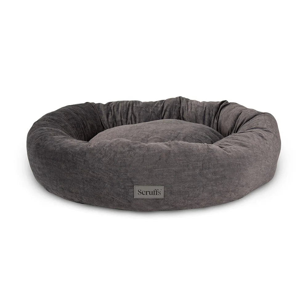 Scruffs Oslo donut dog bed in stone grey on white background