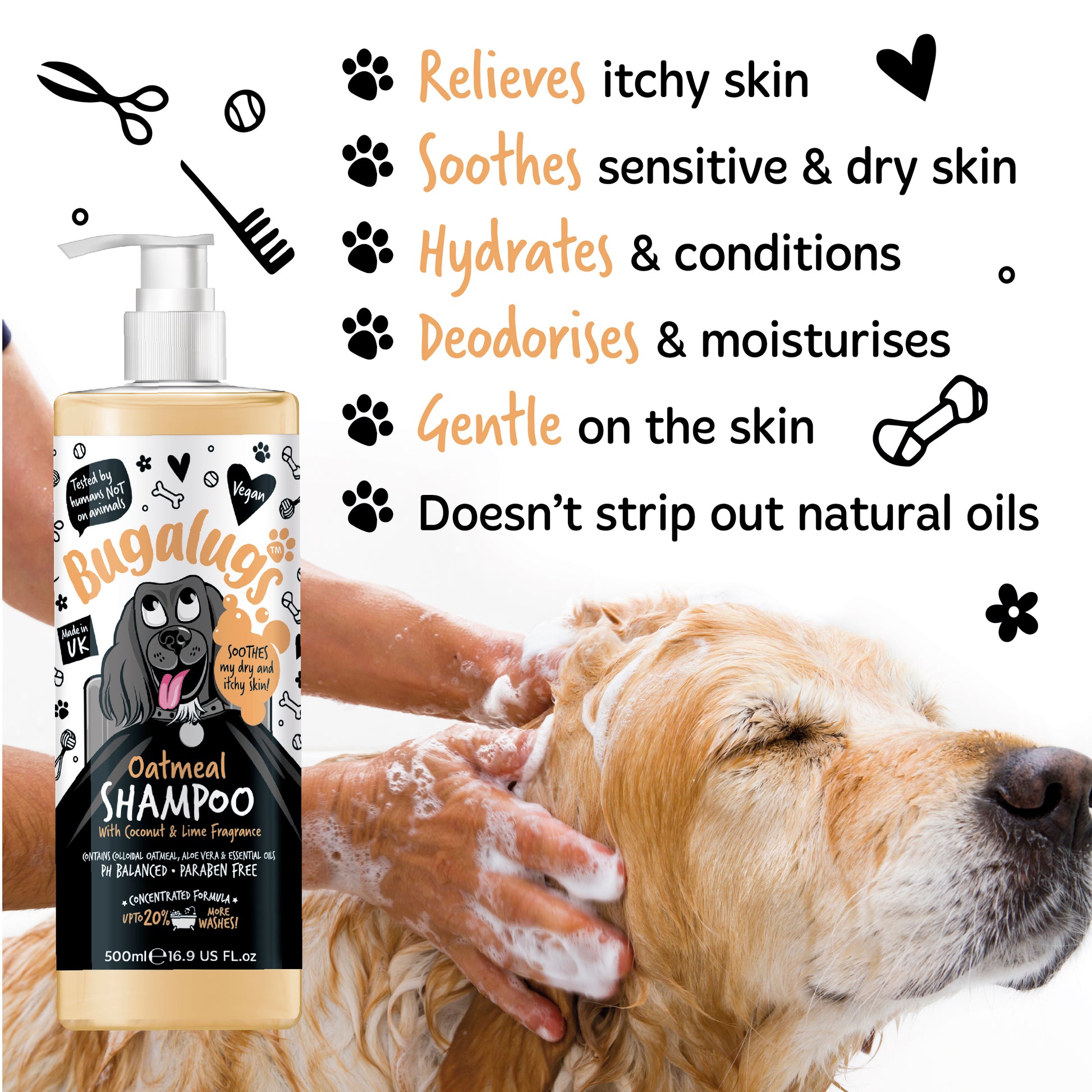 A bottle of Bugalugs Oatmeal Sensitive Dog Shampoo with 6 benefits bullet pointed on the right.